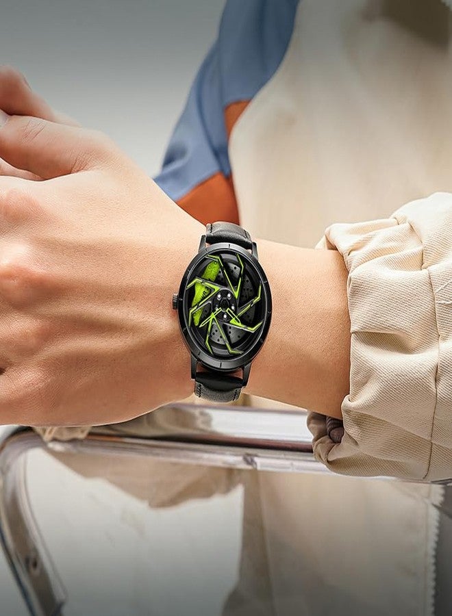 Gosasa Men Racing Watches Rotatable Car Rim Wheel hub Design Sports Watches Stainless Steel Waterproof Watch (Black Green) - Image 3